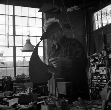 Calder working on the pierced disc of Bougainvillier, Roxbury studio (1947)