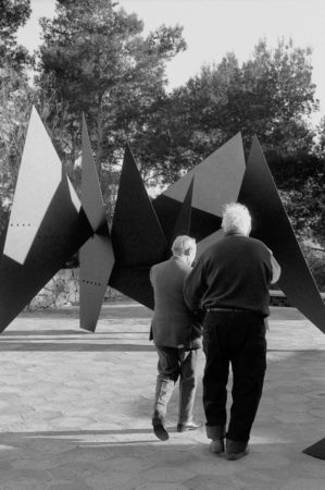 Calder and Joan Miró with Les Triangles (1963) at the opening of Calder, Fondation Maeght, Saint-Paul-de-Vence, France (1969)