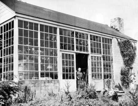 Calder at the door of his Roxbury studio (c. 1955)