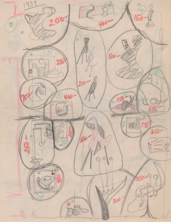 Recto of double-sided installation drawing of 33 objects in Calder: Stabiles & Mobiles (1937)